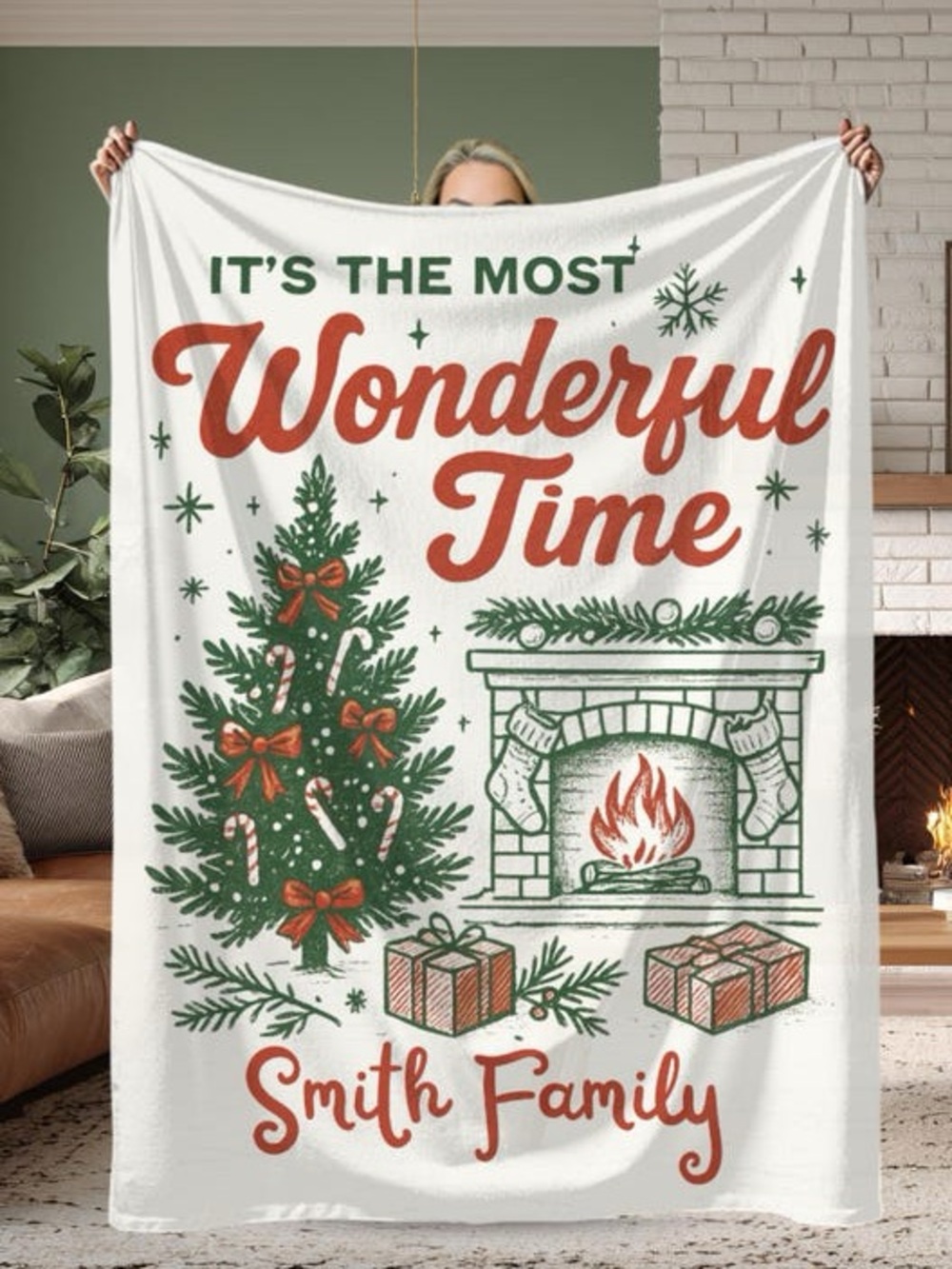 Smith Family Personalized Holiday Throw Blanket - White/Green/Red